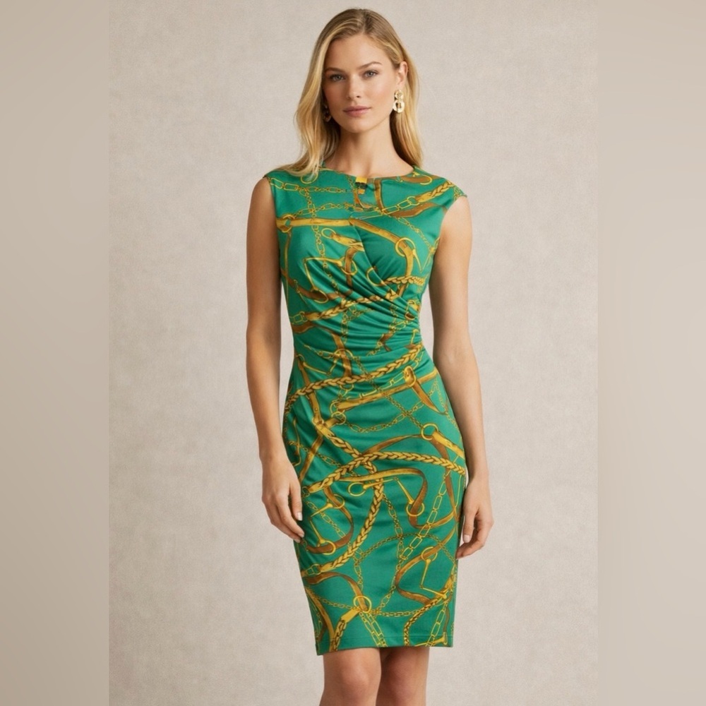Lauren Ralph Lauren Equestrian Horse Bit Print Logo Ruched Side Sleeveless Dress